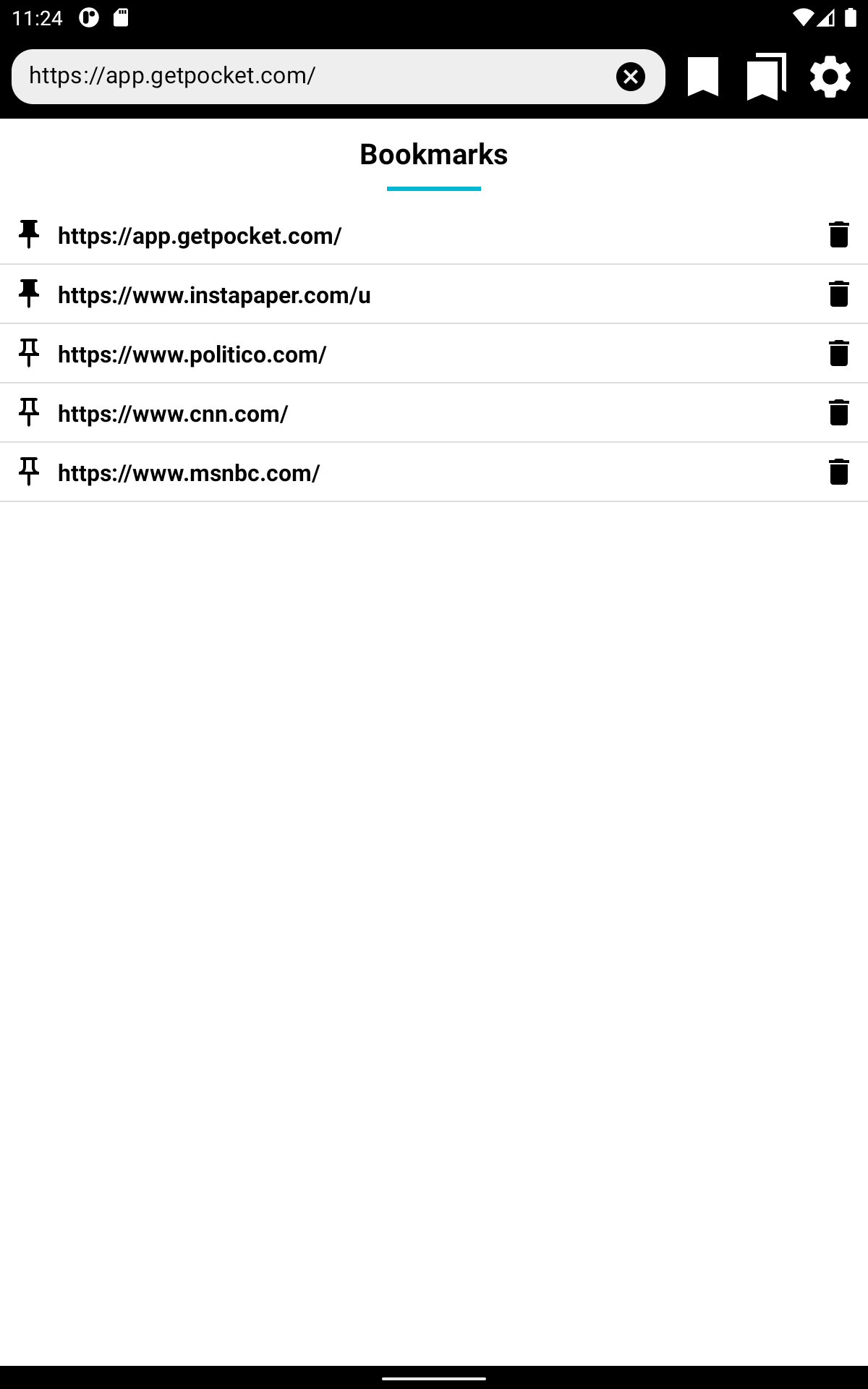 Screenshot showing the bookmarks screen