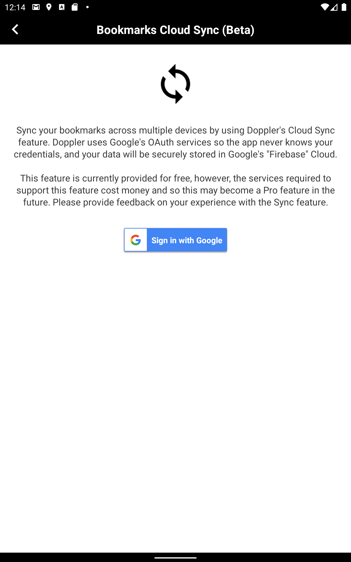 Screenshot showing the Cloud Sync screen