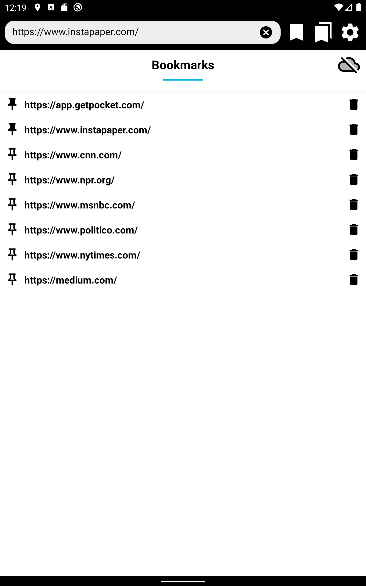 Screenshot showing the bookmarks screen with cloud icon with a strike through it on top right